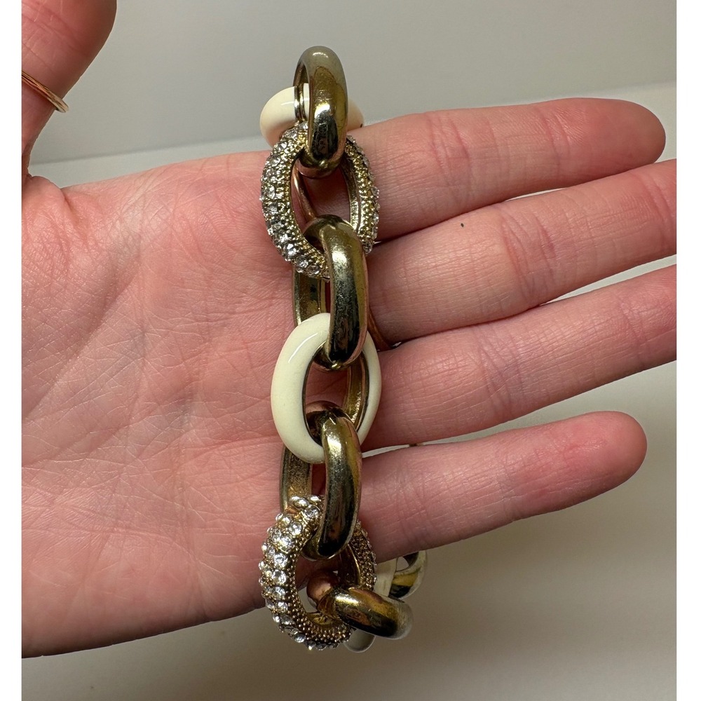 Gold Tone Chunky Link Bracelet Cream Enamel Rhinestone Pave Toggle Clasp
